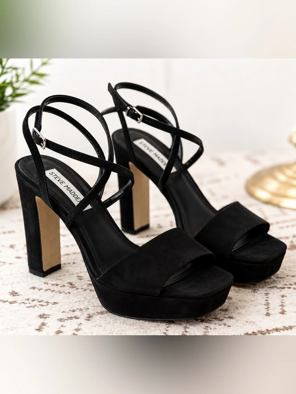 Steve Madden Assured Black Platform Block Heel Strappy Sandals 9.5 Quiet Luxury